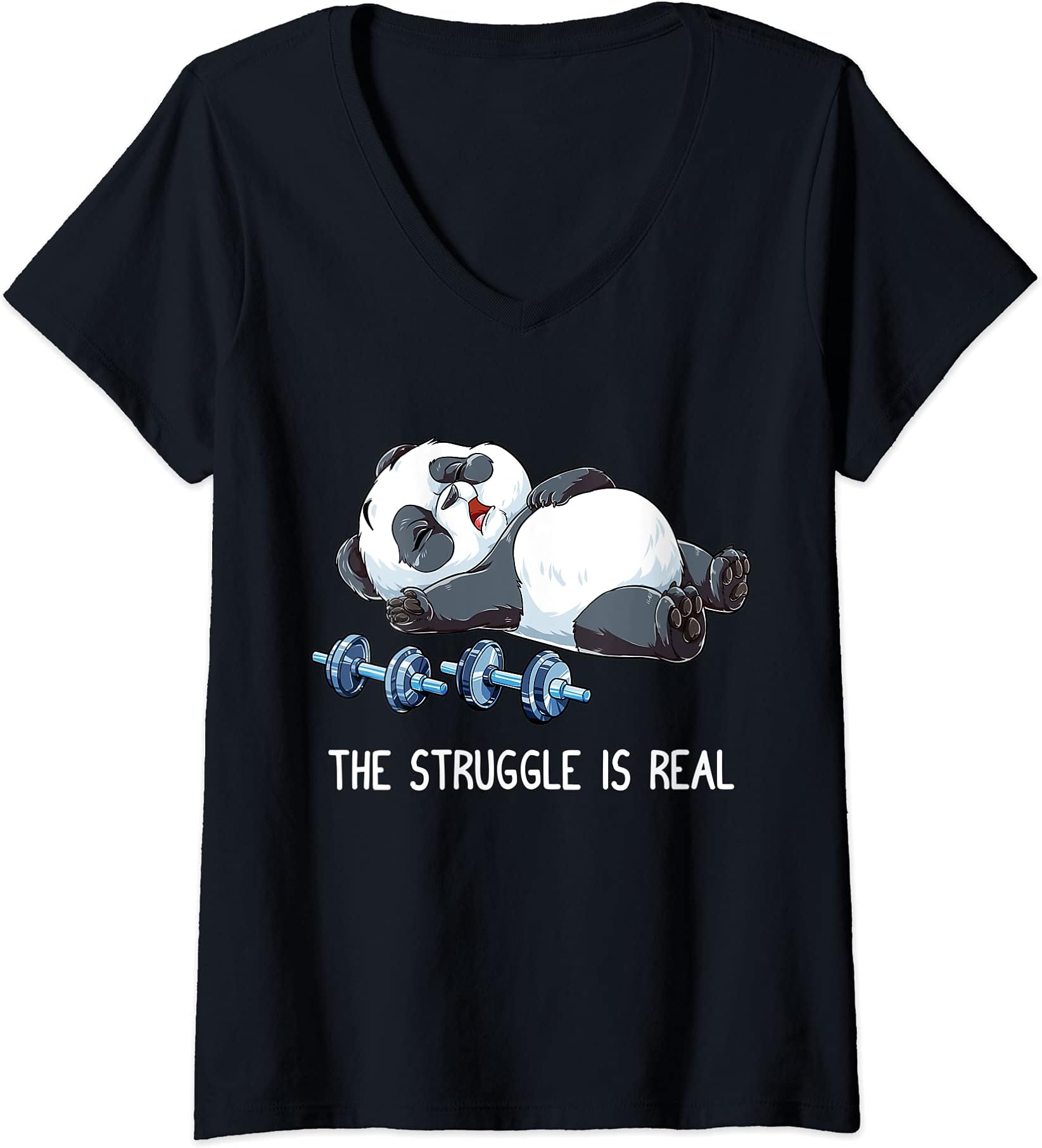 Womens Panda The Struggle Is Real Weightlifting Fitness Gym Funny V-Neck T-Shirt