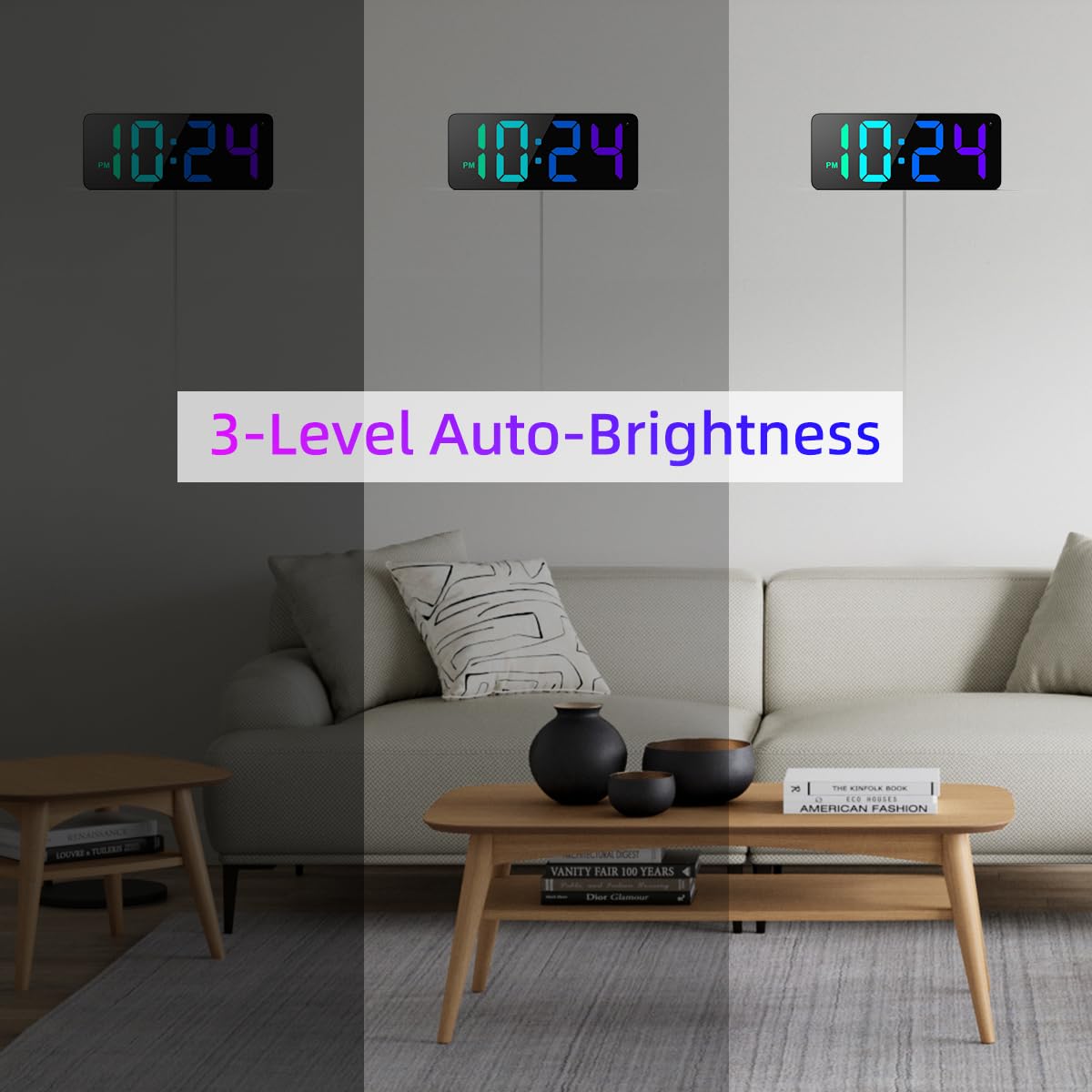 Horloge murale numérique LED avec affichage RVB dynamique, gros chiffres, luminosité automatique, format 12/24 heures, petite horloge murale électrique moderne silencieuse pour salon, chambre, salle
