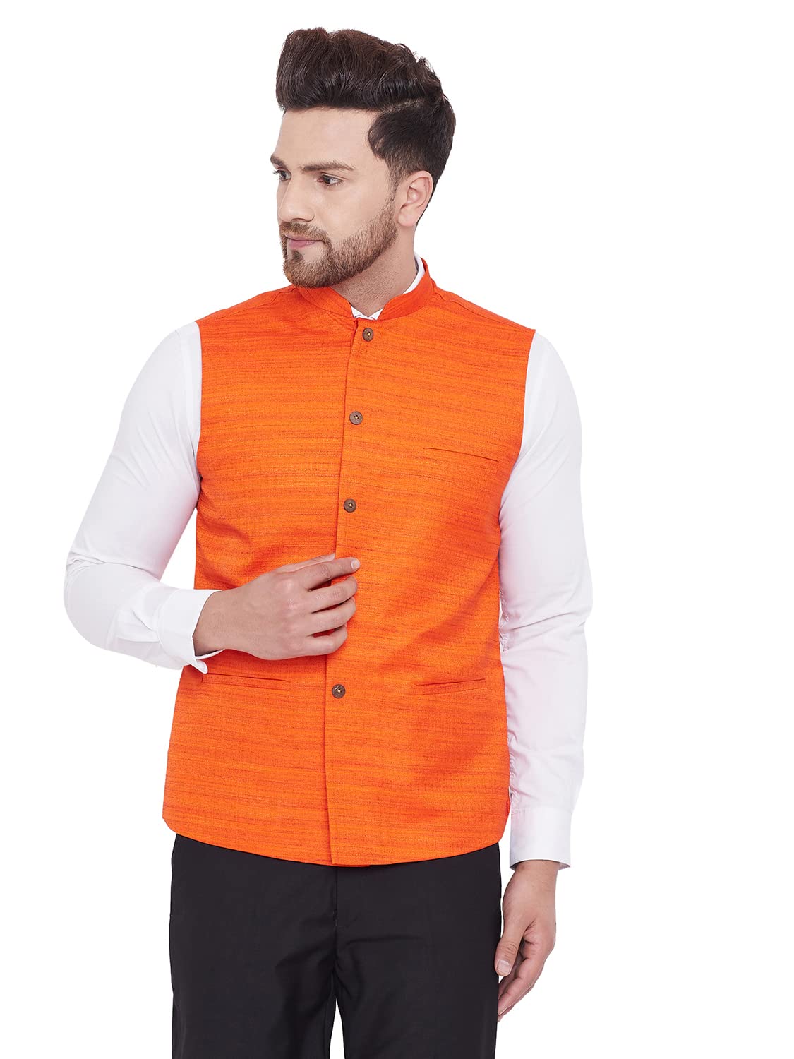 vastramay Men's Orange Silk Blend Nehru Jacket-VASMJ121OR_36-picture-19