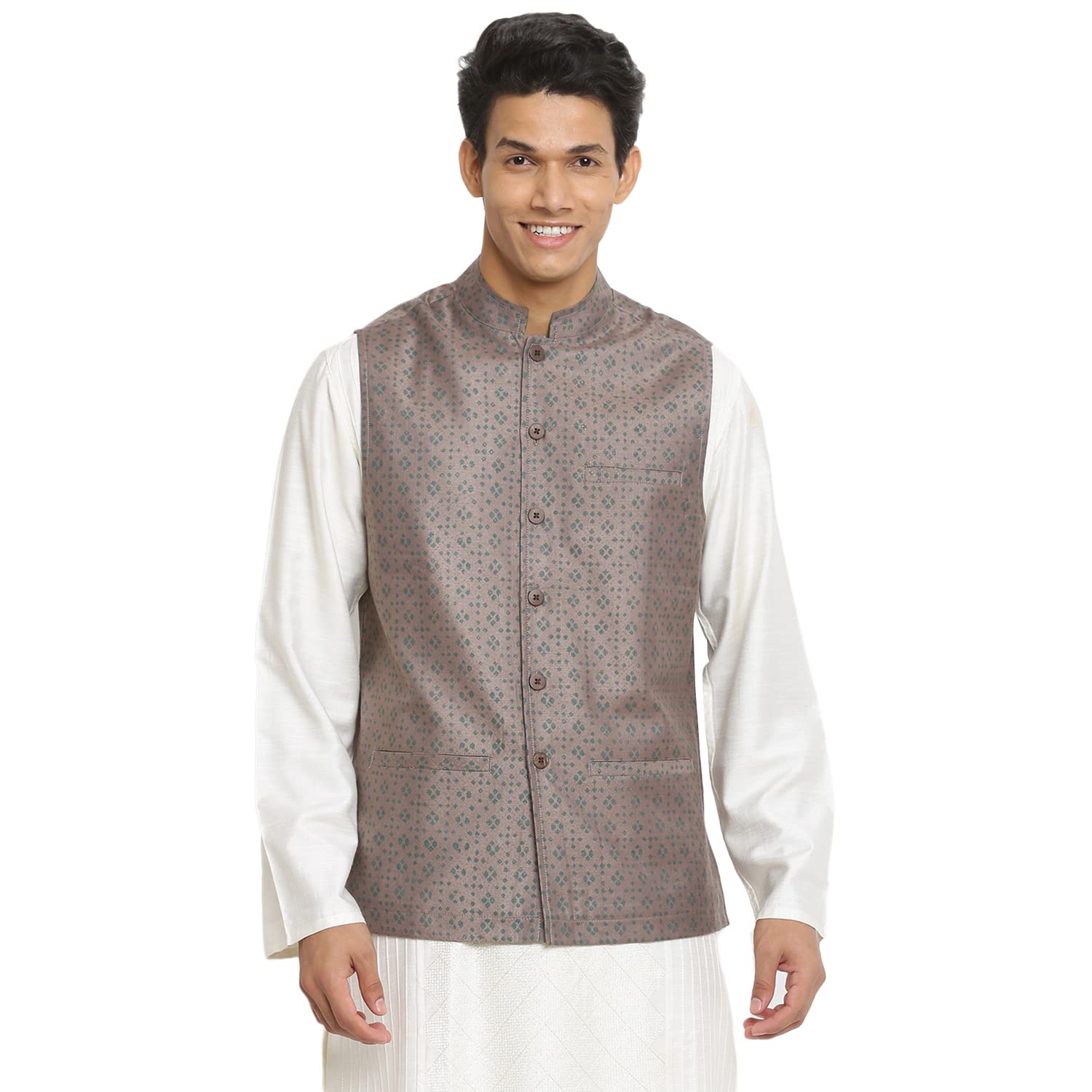 Fabindia Men Collar Viscose Silk Printed Nehru Jacket Chinese_S