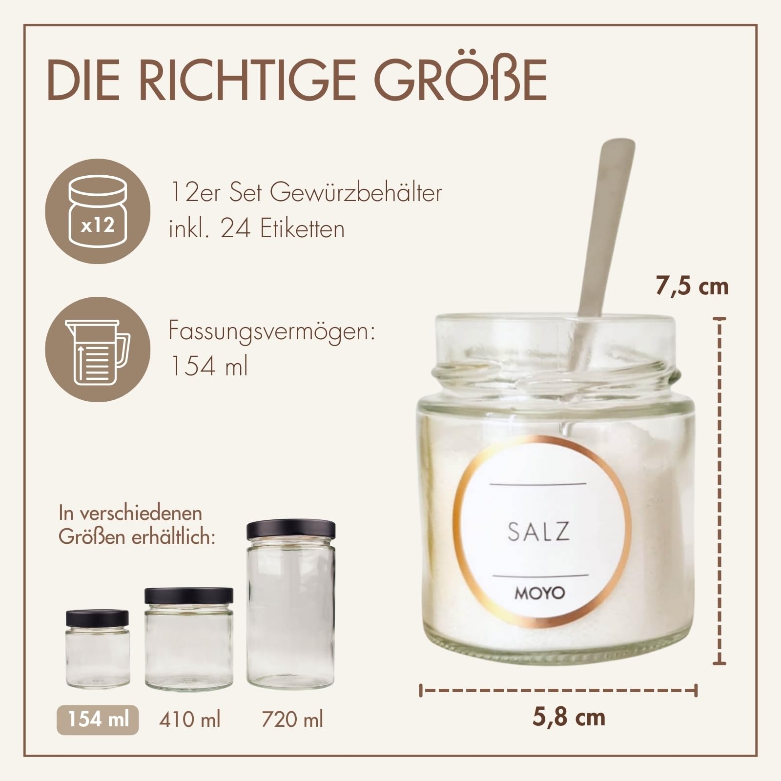 MOYO Gewürzgläser mit Etiketten I 12er Set I hochwertige Gewürze Aufbewahrung 154ml I luftdichtes Gewürzdosen Set I Gewürzaufbewahrung mit Deckel in schwarz I Gewürz Set zur Küchenorganisation