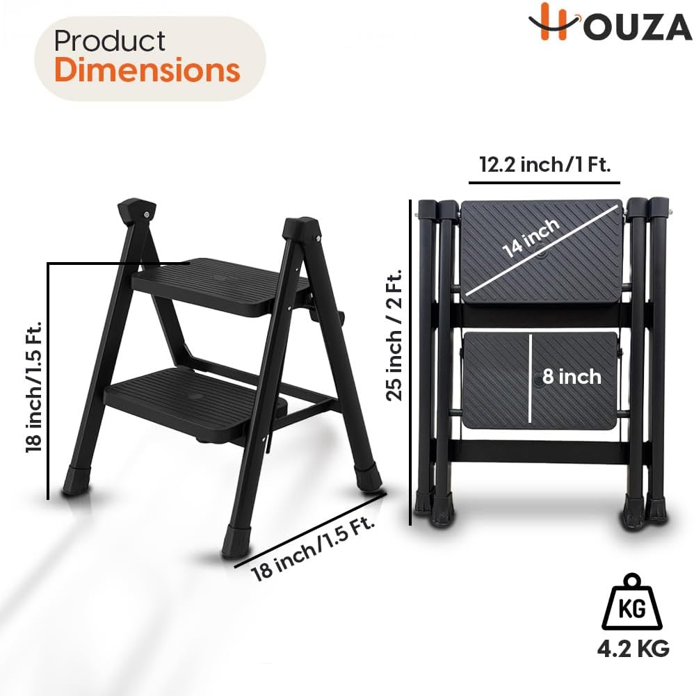 2-Step Steel Folding Ladder, Lightweight, Portable & Durable, Anti-Slip Steps, Compact Utility Ladder for Home, Kitchen & Office (Black)