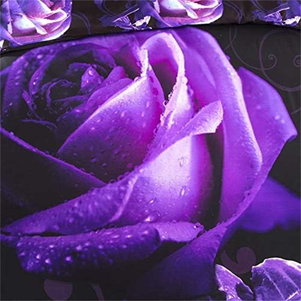 Purple Rose Duvet Cover 3-Piece Set Room Decor Romantic Flowers Pattern Bedding with 2 Pillow Shams Microfiber 90”x90”