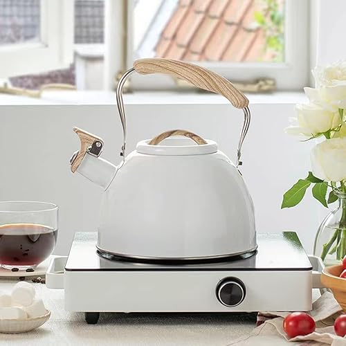 Miniatura 5 de Tetera de té tetera silbante de 27 cuartos de galón con mango de patrón de madera silbato fuerte tetera de acero inoxidable de grado alimenticio