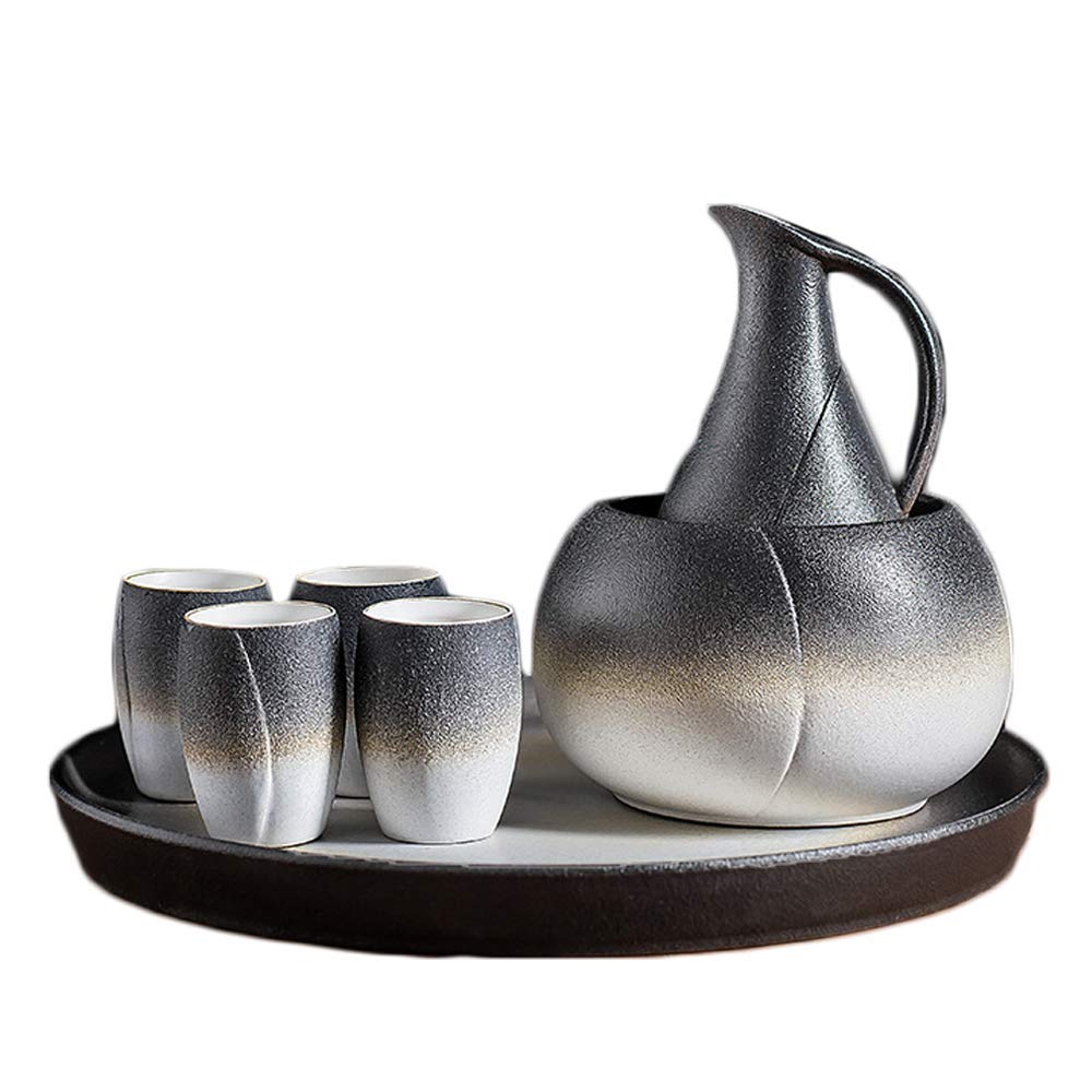Juego de Sake de 7 Piezas, Juego de Sake de cerámica en Blanco y Negro de Dos Colores con Olla Caliente y Bandeja, para frío/Caliente/Shochu/té, Color increíble