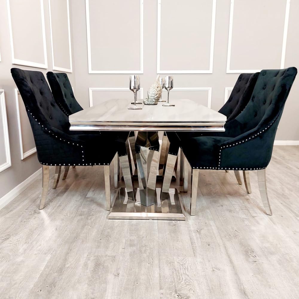 Luxueuse table de salle à manger Athena 1 8 m avec double base miroir ; plateau élégant en marbre ou en verre ; table de salle à manger élégante pour 6 personnes ; finition marbre blanc