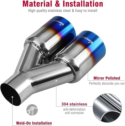 Miniatura 5 de Upower - Tubo de escape doble de 2.5 pulgadas con entrada de 3.5 pulgadas y salida de 2.5 pulgadas a 3.5 pulgadas, tono azul quemado, acero