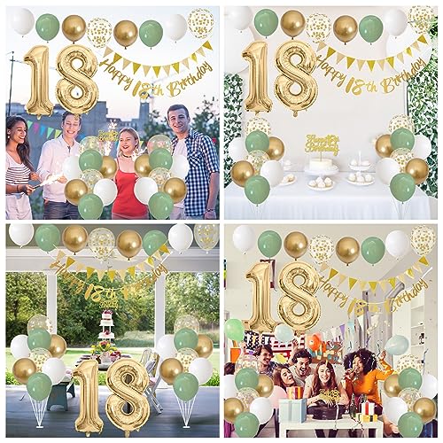 Image of 18th Birthday Decorations - Happy 18th Banner, Cake Topper, Foil Balloons in Sage Green, White, Gold for 18 Year Old Party