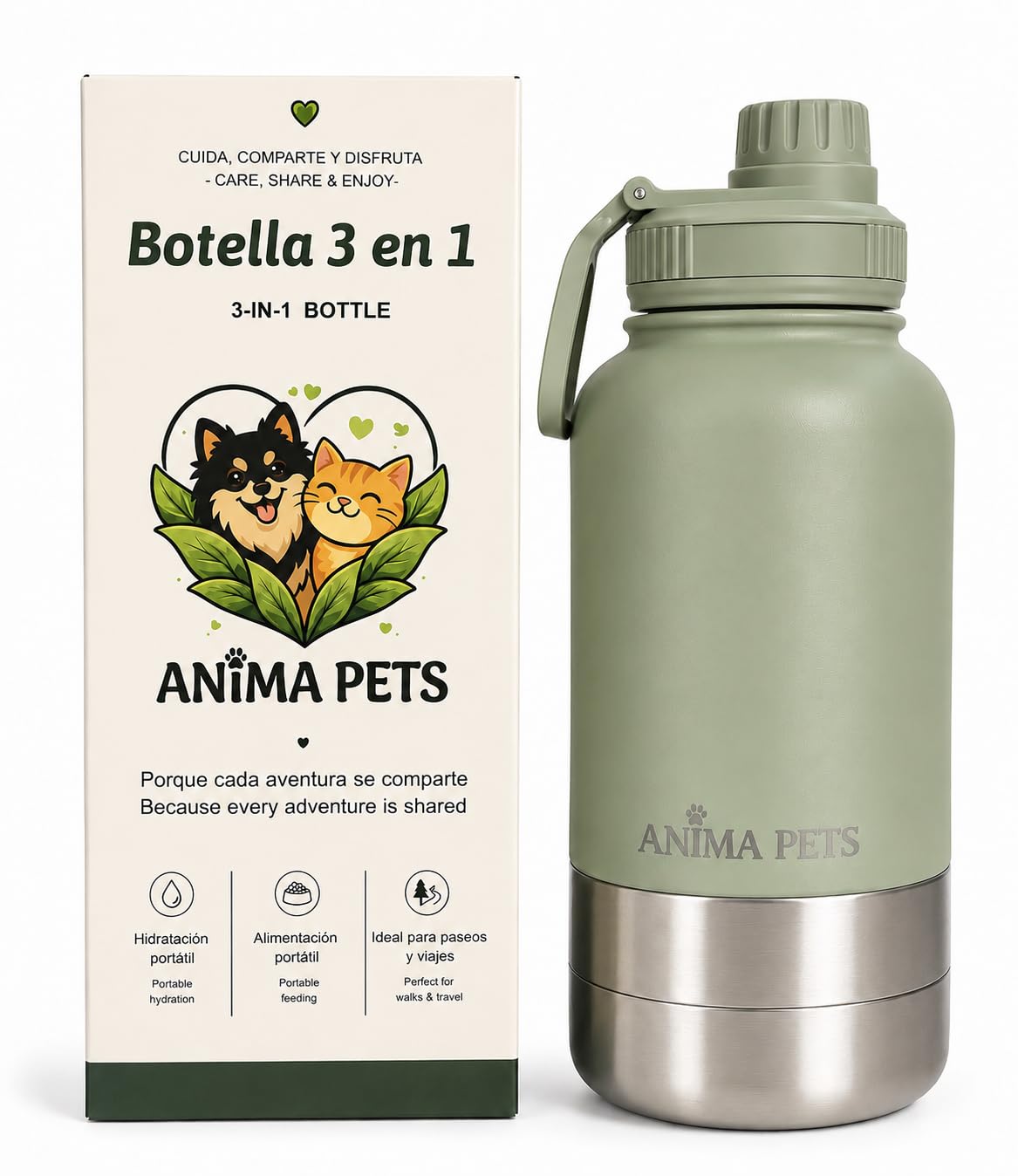 Botella Bebedero Perros y Dueños Portátil |Acero Inoxidable 304 | 3 en 1 de ANIMA PETS para Mascotas y Dueños | Bebedero y Comedero Integrado|Mantiene Frío hasta 24h |Mantiene Calor hasta 12h|1litro