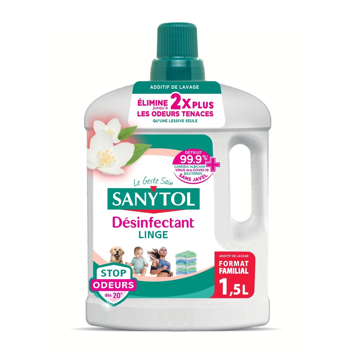 Sanytol - Désinfectant Linge Stop Odeurs - Parfum Fleurs Blanches - 1.5L - Bactéricide Virucide - Sans Javel - Préserve Fibres et Couleurs à Toutes Températures