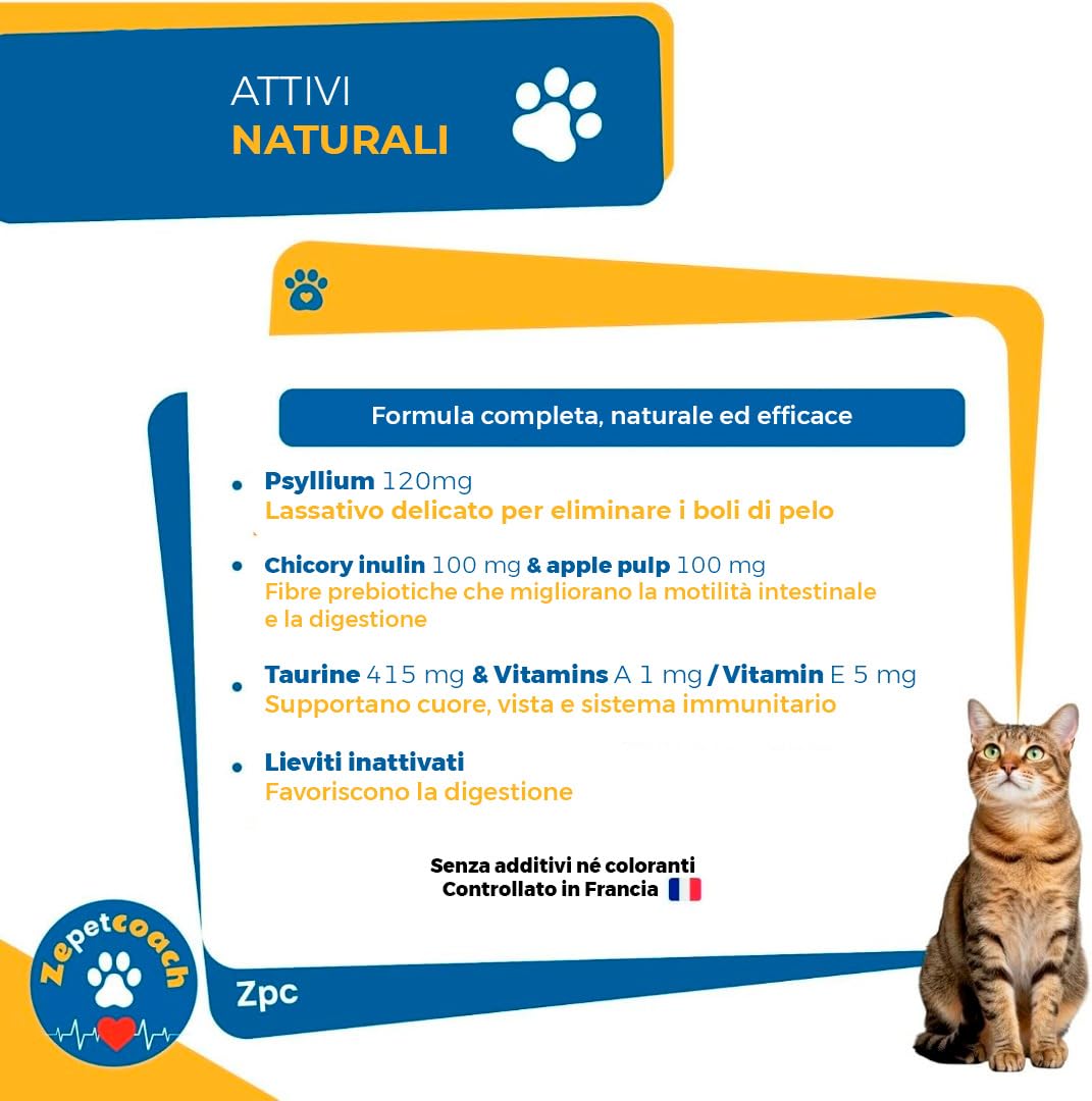 Anti-Boli di Pelo Gatto – ZPC – Integratore Naturale per Digestione & Transito – Taurina, psyllium & cicoria – 250 g