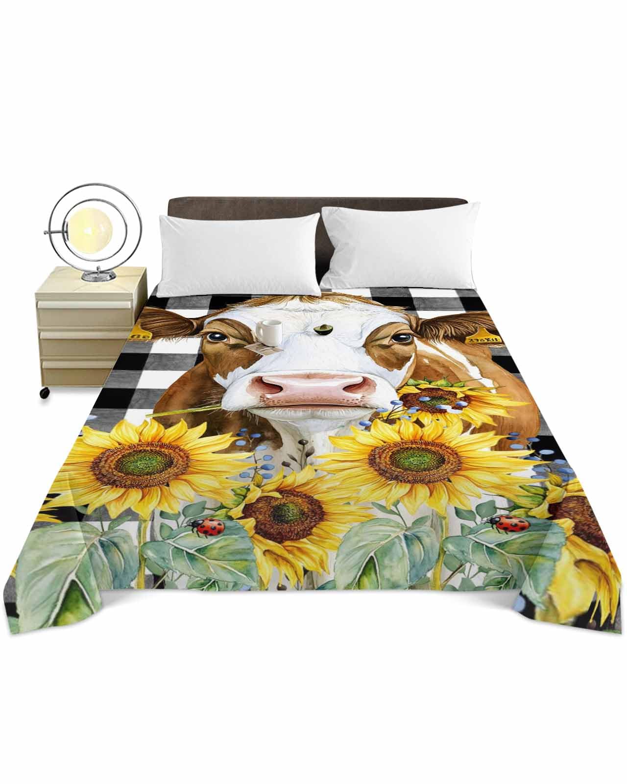 Queen Size Flat Sheet Only, Farm Cow Yellow Sunflower Green Plant Bed Top Sheet Soft Microfiber Breathable Bedding Flat Sheets, Retro Black Plaid Top Sheets Hotel Luxury