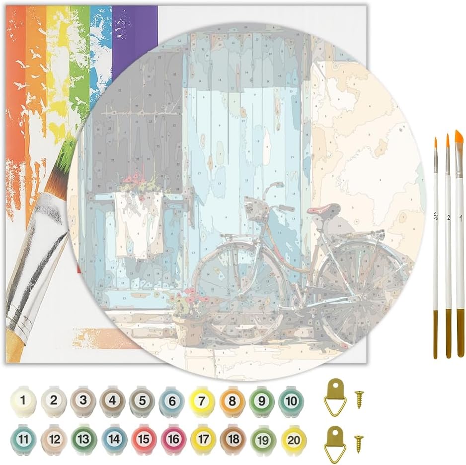 Rustic Bicycle Paint by Numbers Kit for Adults on Wood Board – DIY Blue Door and Nostalgic Bike Wood Craft Painting Kit, 12 in Round, Acrylic Paint Set, Beginner-Friendly, Relaxing Home Decor Gift
