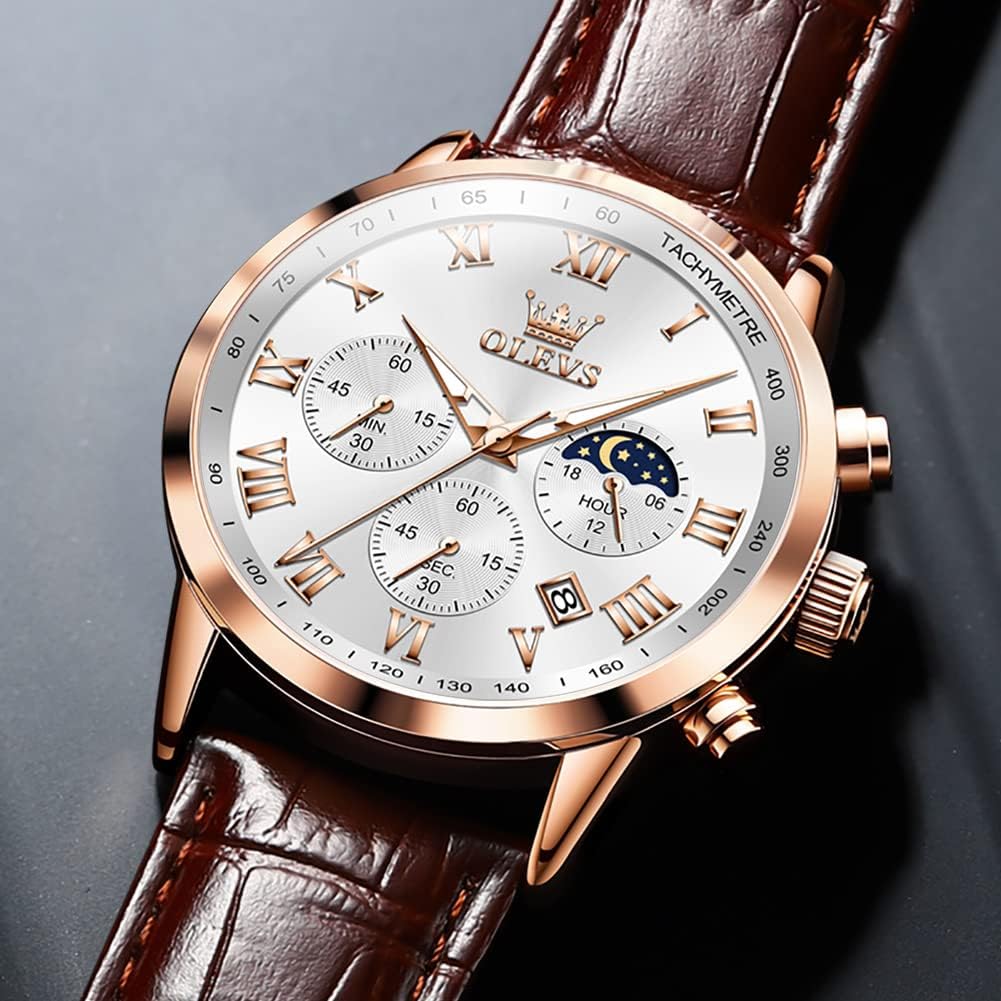 OLEVS Leather Watches for Men, Large Face Waterproof Classic Watches for Men, Casual Round Watch with Date, Luminous Easy Read Mens Dress Watch, Blue/Black/White Dial