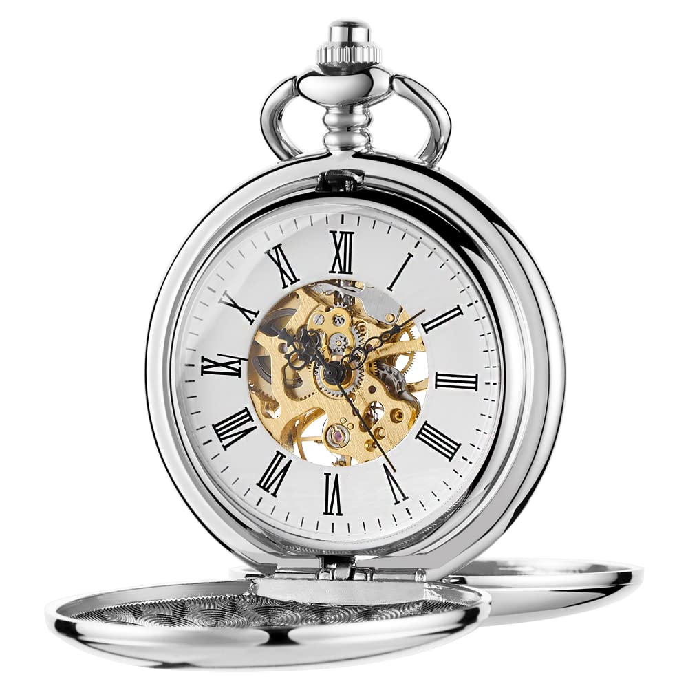 Silver Smooth Double Open Hunter Mechanical Pocket Watch for Mens