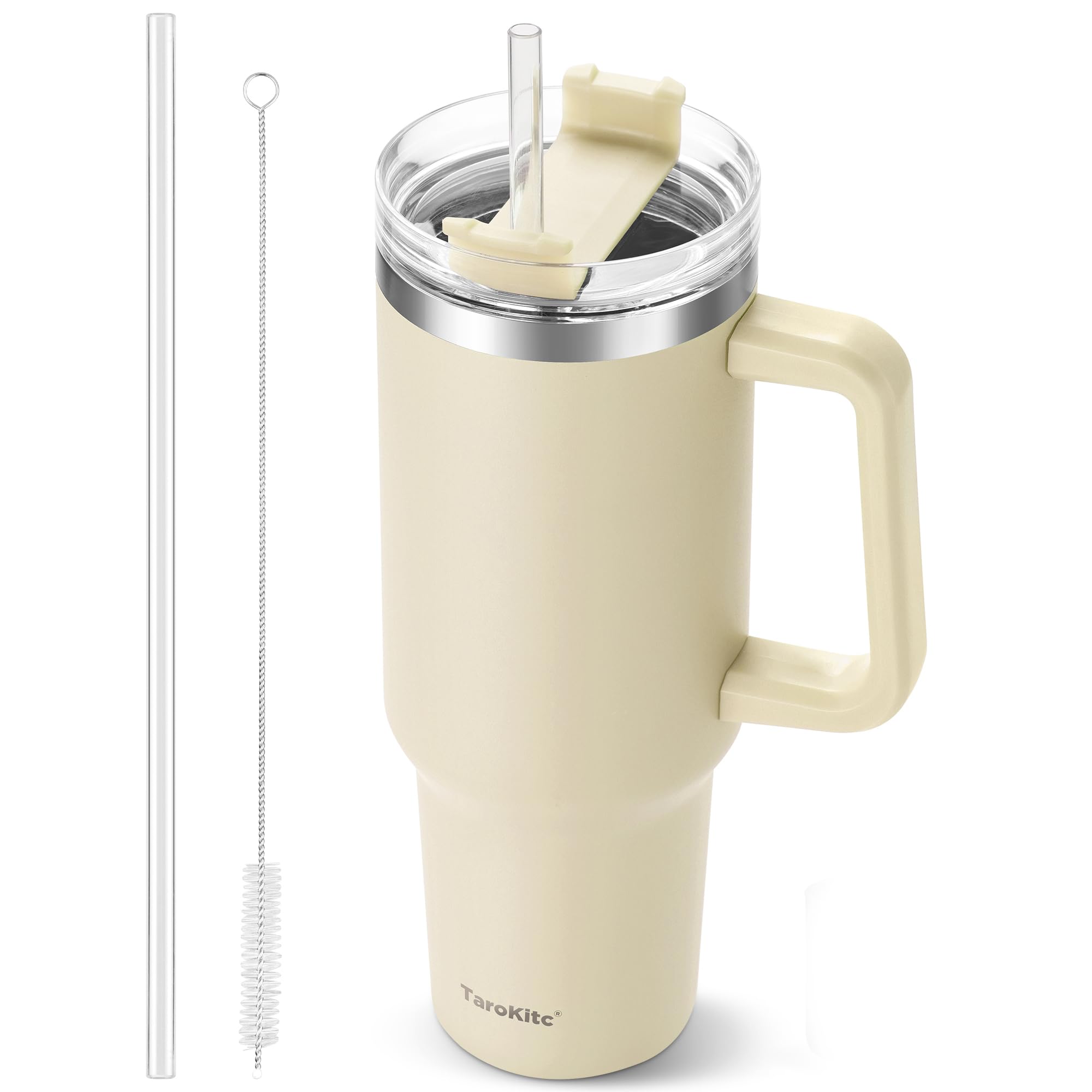 TaroKitc 40 oz Tumbler with Handle | Stainless Steel Insulated Iced Coffee Cup with Lids and Straw | Insulated Travel Mug | Keeps Drinks Cold for 34 Hours | Dishwasher Safe, BPA Free | Cream