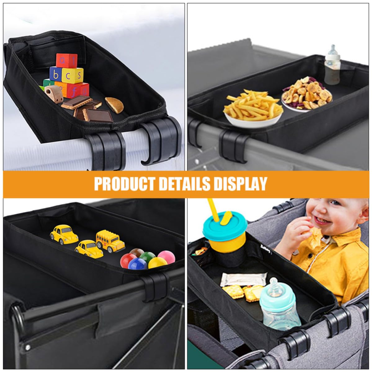 YARNOW Vassoio Organizer per Passeggino Nero in Tela Portabicchieri e Clip, Accessorio Portatile per Snack e Bevande Durante i Viaggi