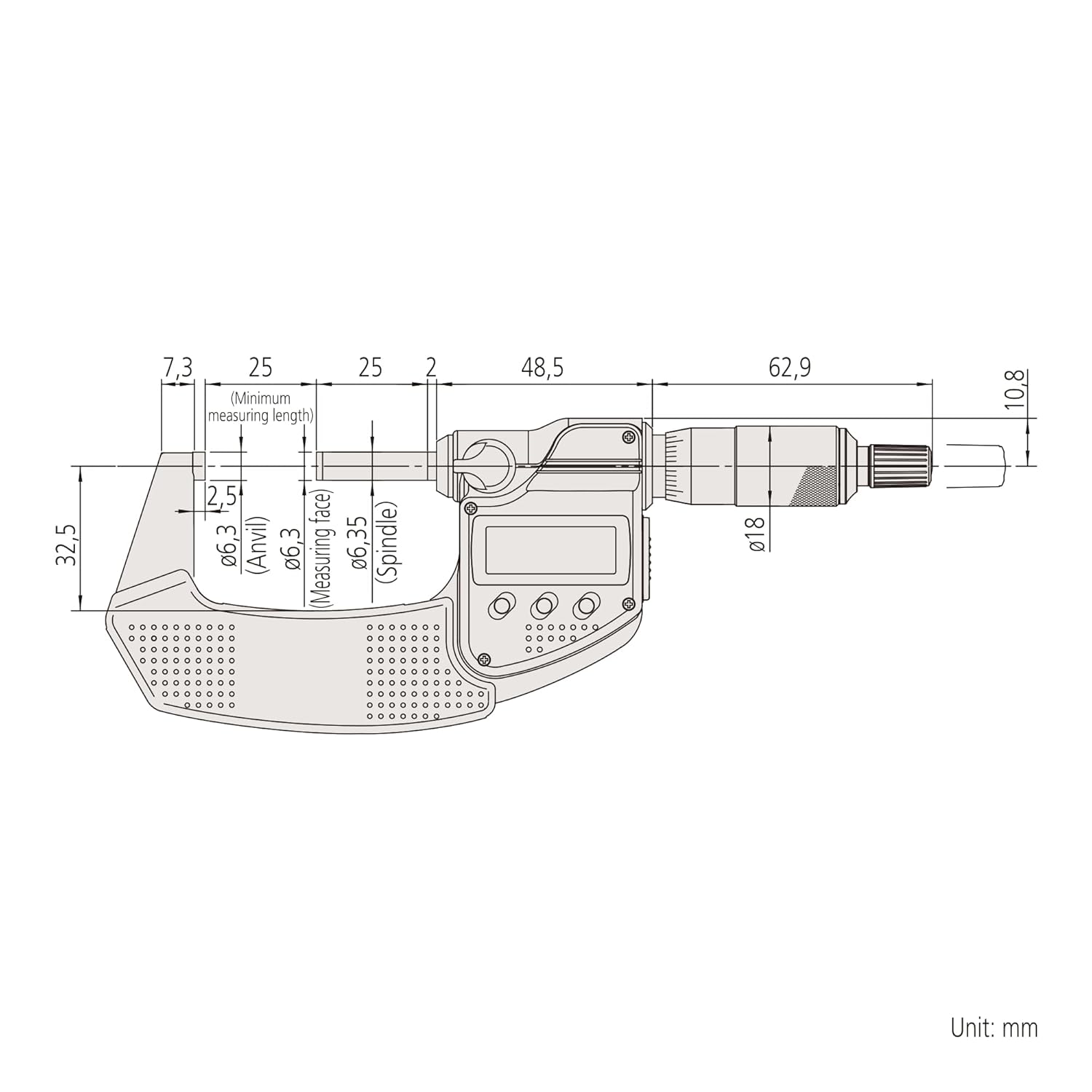 Technical drawing of Mitutoyo MDC-50PX 293-241-30 Micrometer with dimensions