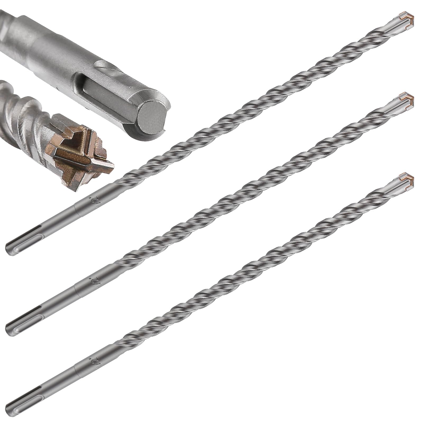 Wensilon Concrete Drill Bit Lengthening 3pcs 1/2" X 12"-10" Cross-Type Double Thread Carbide Material Suitable for Brick, Cement Walls, Stone, Extra