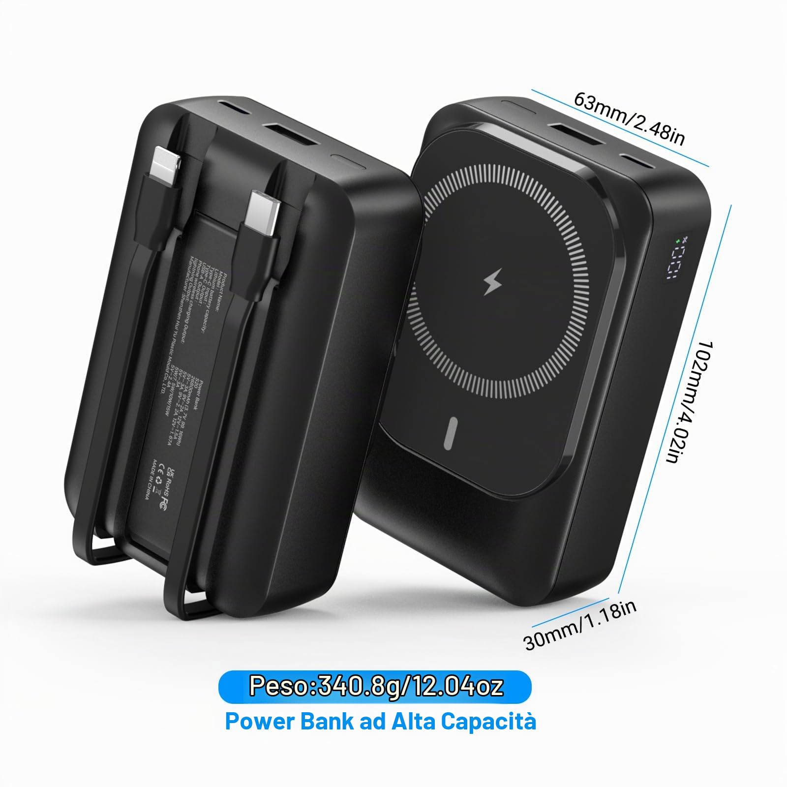 Batteria esterna magnetica senza fili 26800 mAh, per Magsafe Powerbank con 2 cavi integrati, PD 22,5 W, ricarica rapida, compatibile con iPhone Air 17/16/15/14/13/12 Plus/Mini/Pro/Pro MAX - Nero
