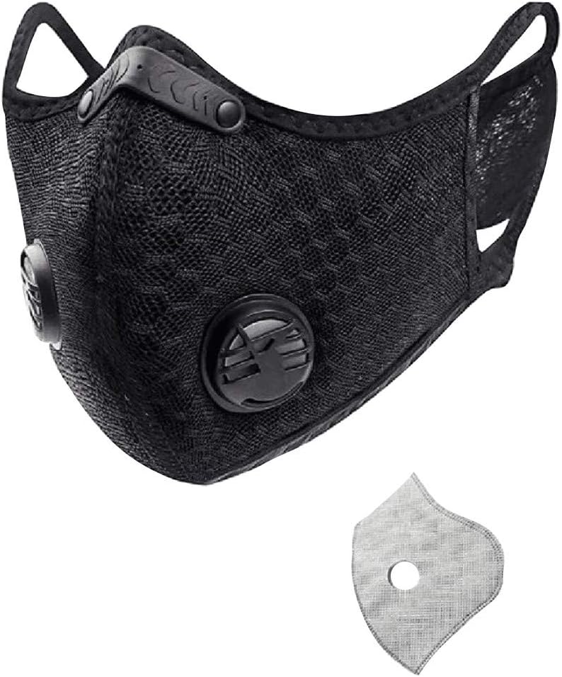 Dust Mask Anti-Pollution Sports Mask with 1 Activated Carbon Filters and 1 Valves Dustproof Face Mask Sheet Mask for Motorcycle Cycling Running Exhaust Fumes Outdoor Activities, Black