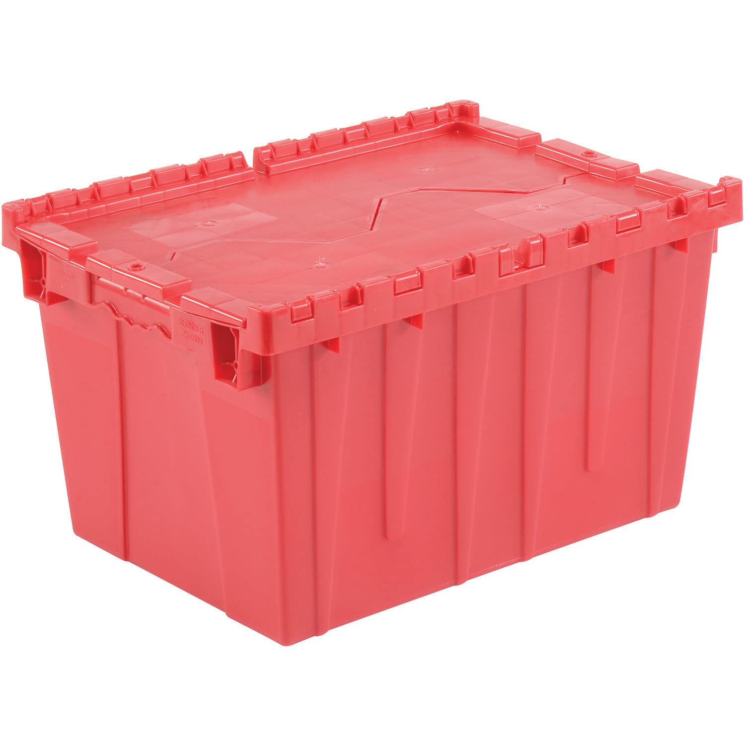 Plastic Distribution Container With Hinged Lid, 1.7 Cu. Ft. Capacity, 50 Lbs. Capacity, Nestable & Stackable, 21-7/8x15-1/4x12-7/8, Red