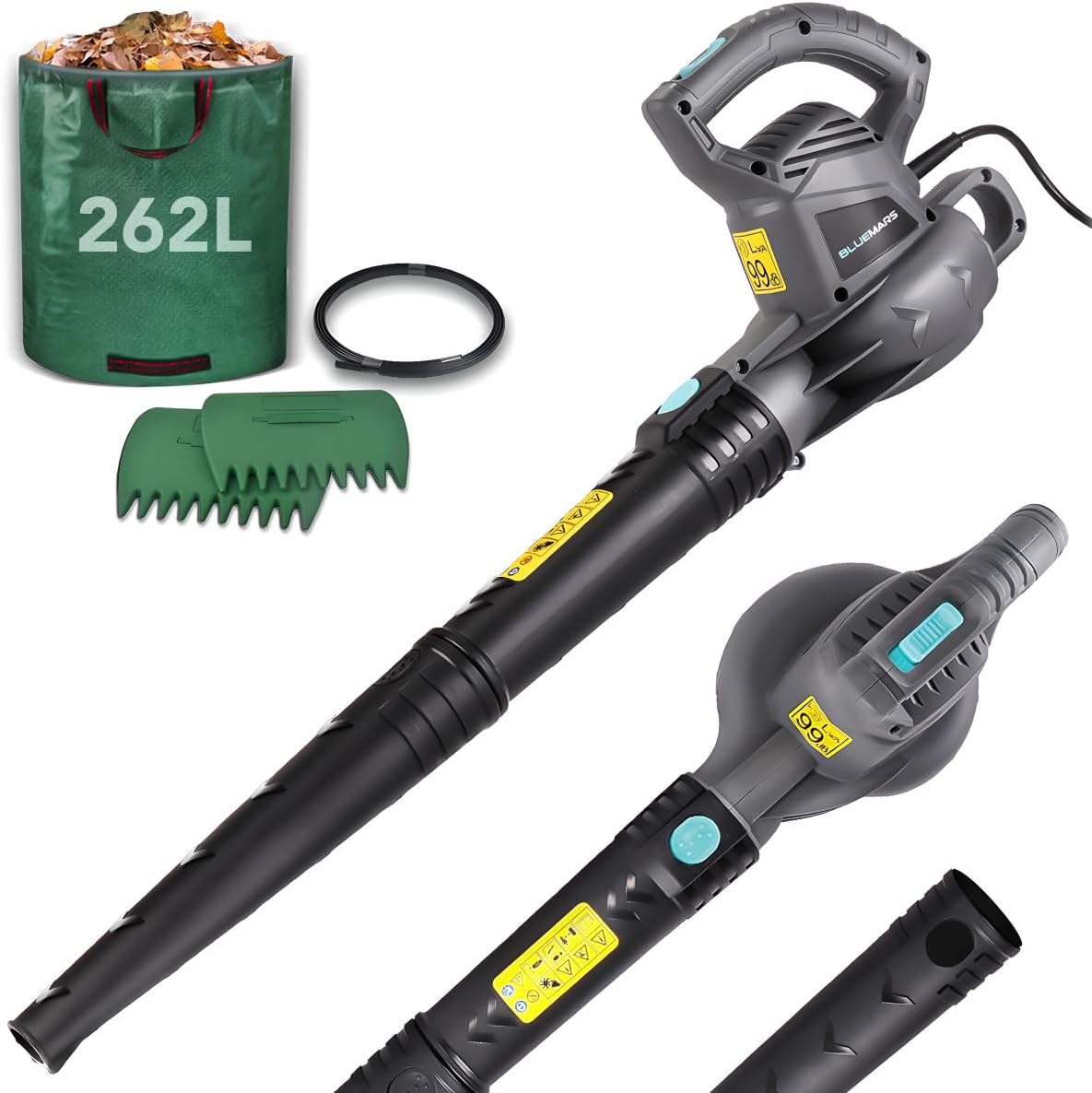 Leaf Blower Set by Bluemars - Powerful 3000W, 8m Corded Garden Blower with Garden Leaf Grabbers & Heavy Duty Garden Waste Bags with Handles (262L)