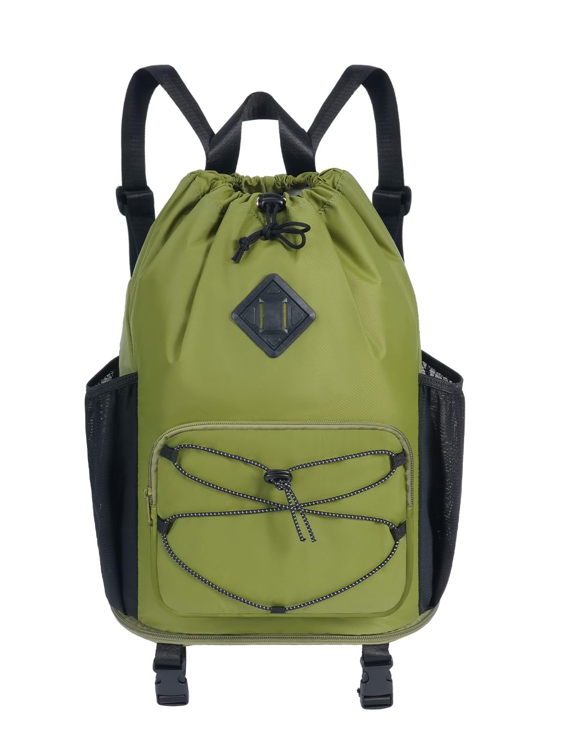 WANDF Drawstring Backpack, Swim Bag with Removable Wet Pocket – Sandproof Waterproof Beach Backpack, Bottom Compression Strap for Mat, Gym Travel Workout Gear, Green