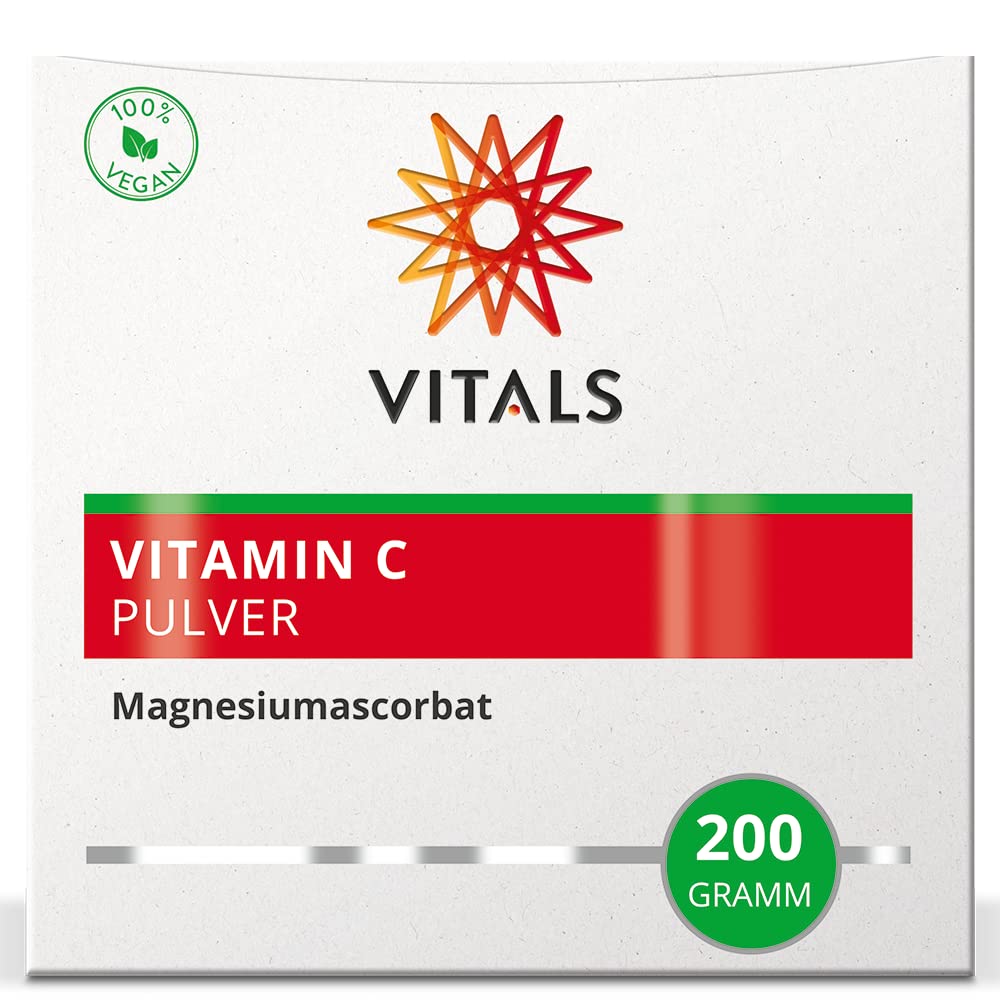 Vitals - Vitamin C Pulver Gepuffert, 200 gramm (Magnesiumascorbat). 100% Vegan. Ohne Hilfsstoffe mit 1800 mg Vitamin C und 130 mg Magnesium pro Messlöffel.