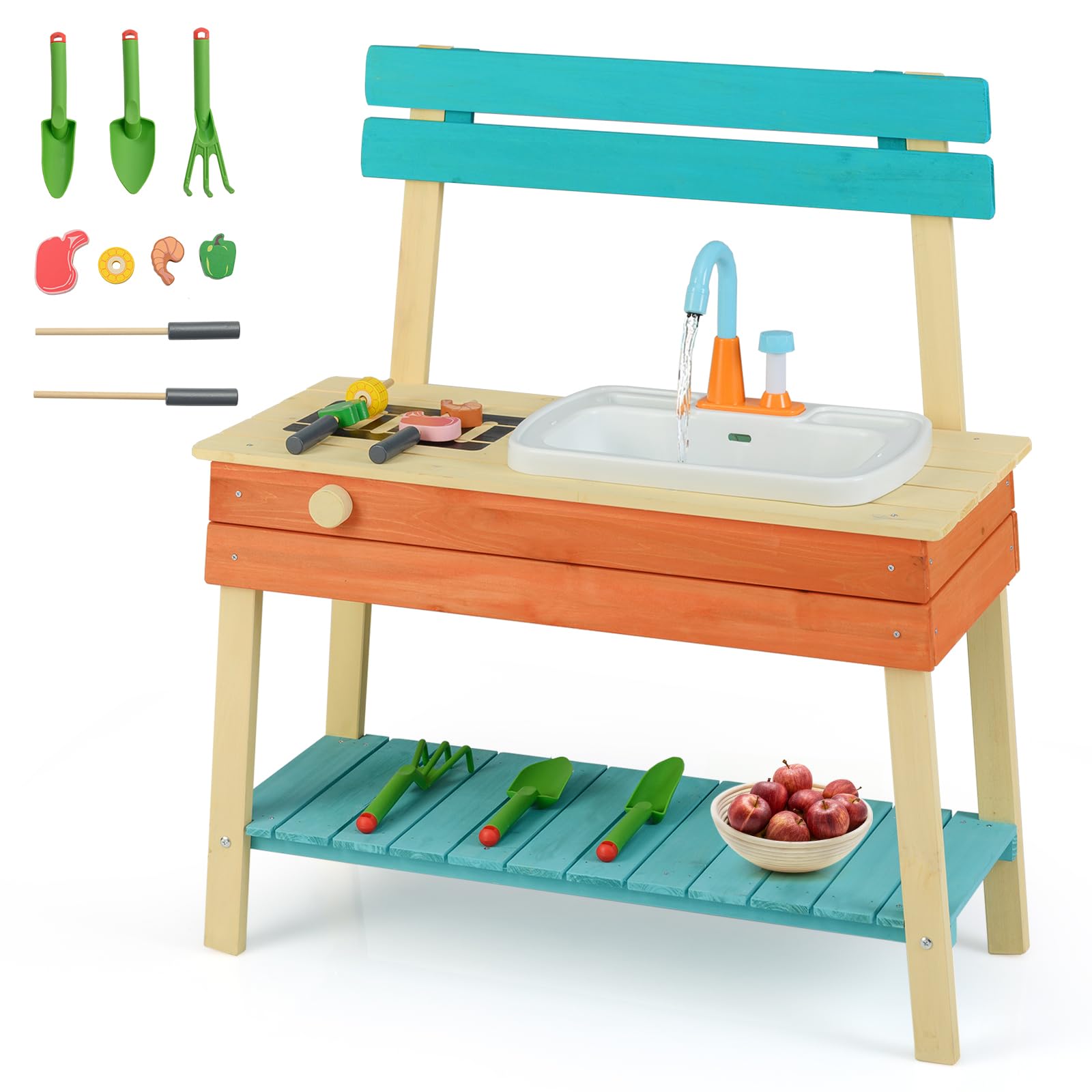COSTWAY Mud Kitchen, Wooden Kids Play Kitchen with Removable Sink, Faucet, Grill Rack, Storage Shelf, Cooking & Gardening Accessories, Outdoor Pretend Kitchen Playset for Boys Girls Ages 3-8