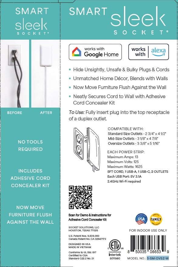 Image of Smart Sleek Socket: Universal Outlet Concealer with Wi-Fi Smart Power Strip