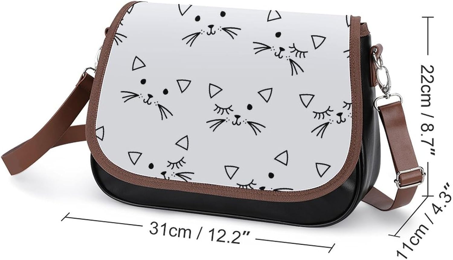 Cute Cats HeadWomen's Faux Leather Crossbody Bag, Waterproof Wrinkle-Resistant Shoulder Bag with Detachable Strap, Large Capacity Casual Handbag, Fashion Daily Purse for Shopping Work Dating, Ideal Gi