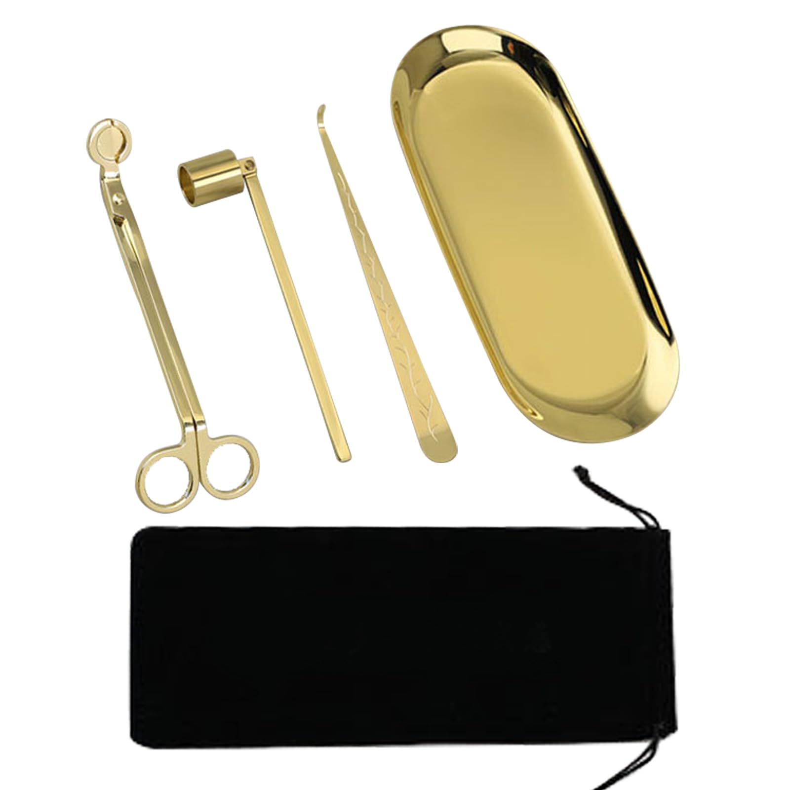 MrMrKura 4 in 1 Candle Accessory Set, Candle Snuffer, Candle Wick Cutter, Candle Dipper, Storage Tray Plate, Candle Care Kit with Velvet Pouch for Candle Lover (Gold)
