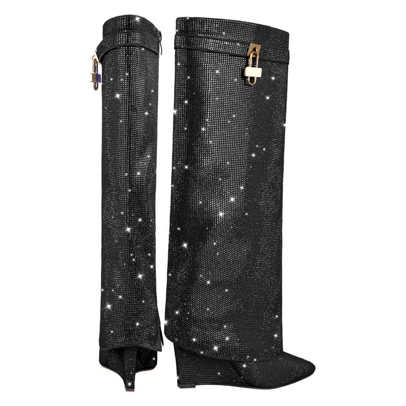 sexytag Womens Sparkly Rhinestone Boots Fold Over Padlock Knee High Wedge Heel Pointed Toe Pull-On Tall Boots3