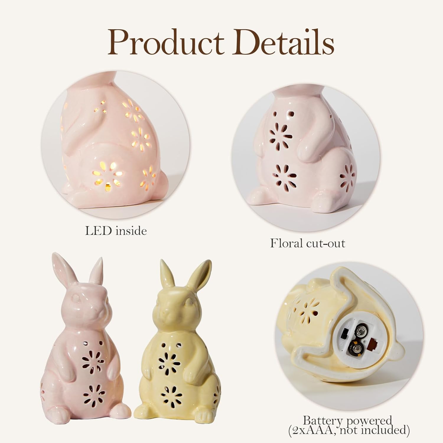 WDS WONDROUS Easter Decorations Light Up Bunny Figurines - 2PCS LED Ceramic Rabbit Statues Decor with Floral Cut-Outs, Glowing Easter Spring Home Decor for Farmhouse Tabletop Shelf Sculpture - Image 6