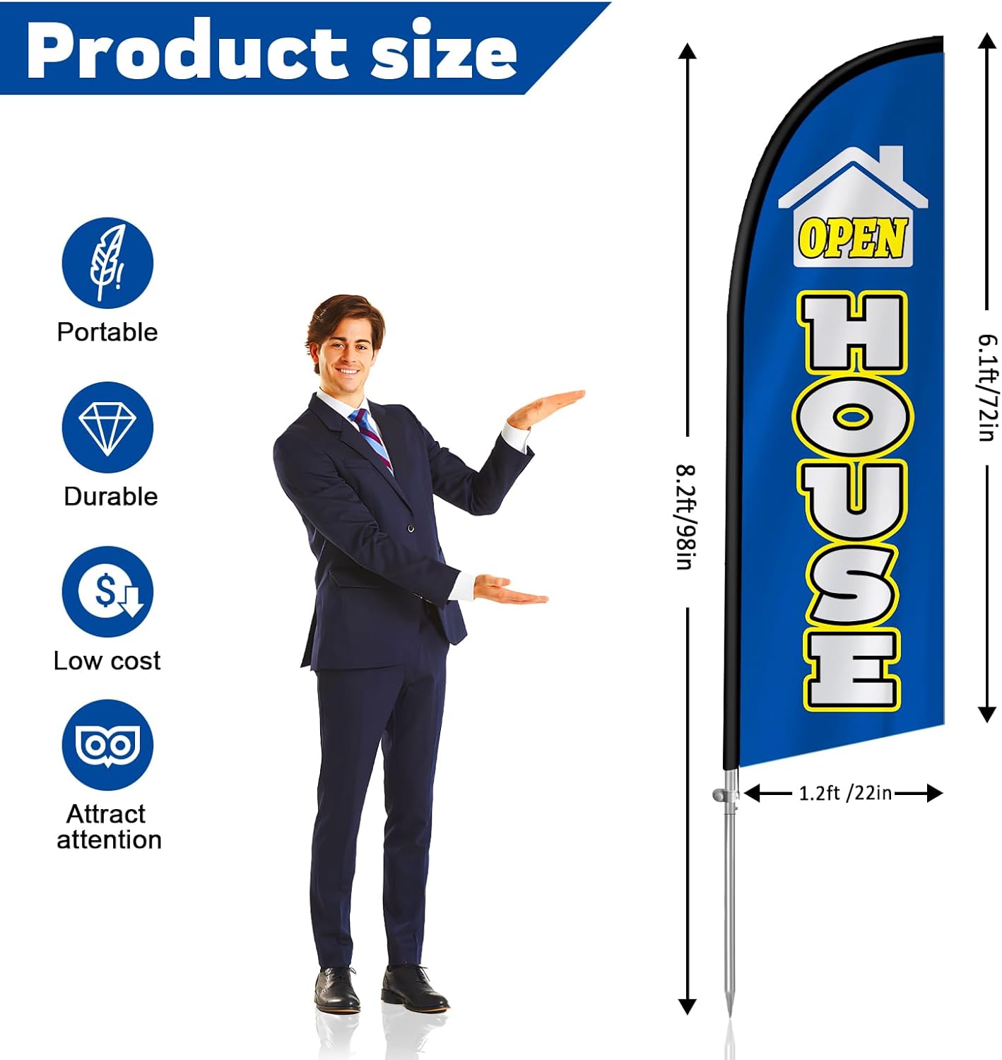 2 Pack Open House Flags for Real Estate Agents - 8FT Signs with Flagpole Kit, Ground Stake, Windless Open House Flag Supplies for Events, Advertising, Indicators (Blue) - Image 2