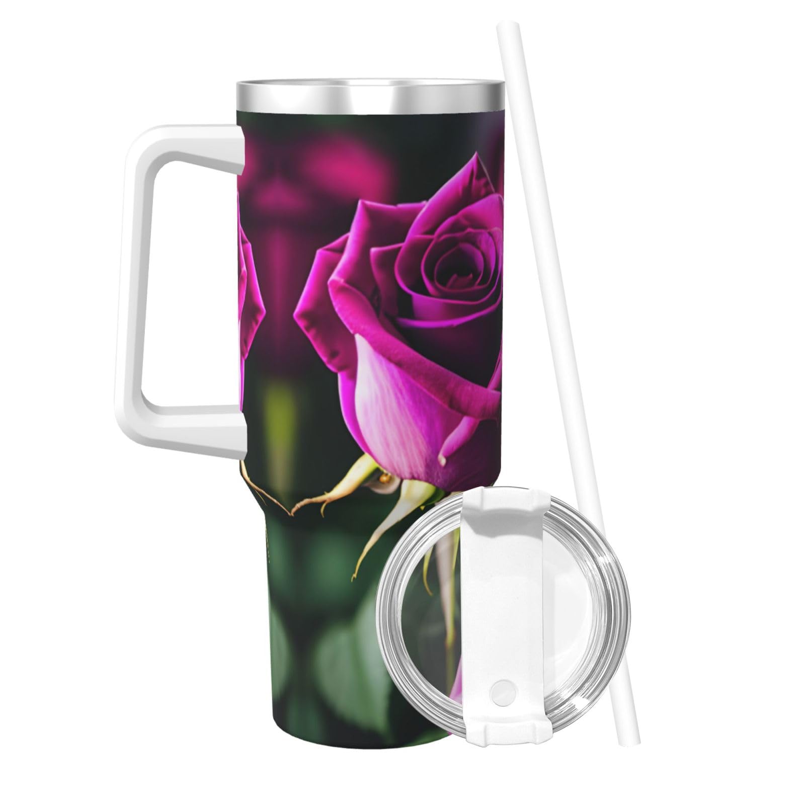 Purple Roses Ice Bully Wasserflasche aus Edelstahl, doppelwandig, isoliert, mit Griff und Strohhalm-Deckel, 1,2 l