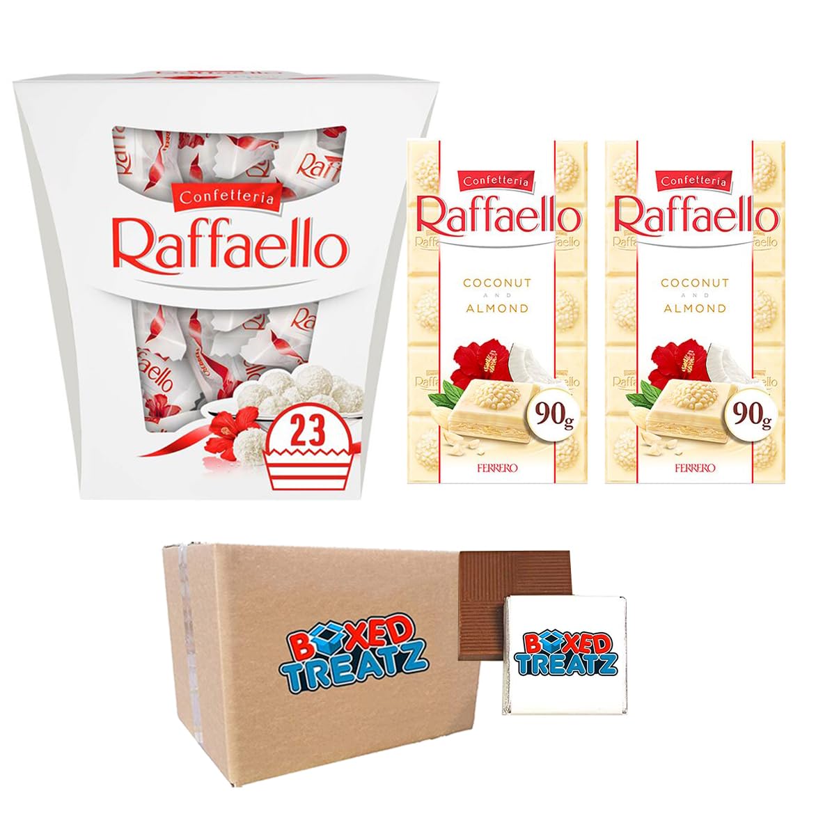 Ferrero Rafaello Bundle, Rafaello Coconut & Almond Pralines 230g + 2 X Ferrero Raffaello White Chocolate Bars With Coconut Almond Filling 90g By Boxed Treatz