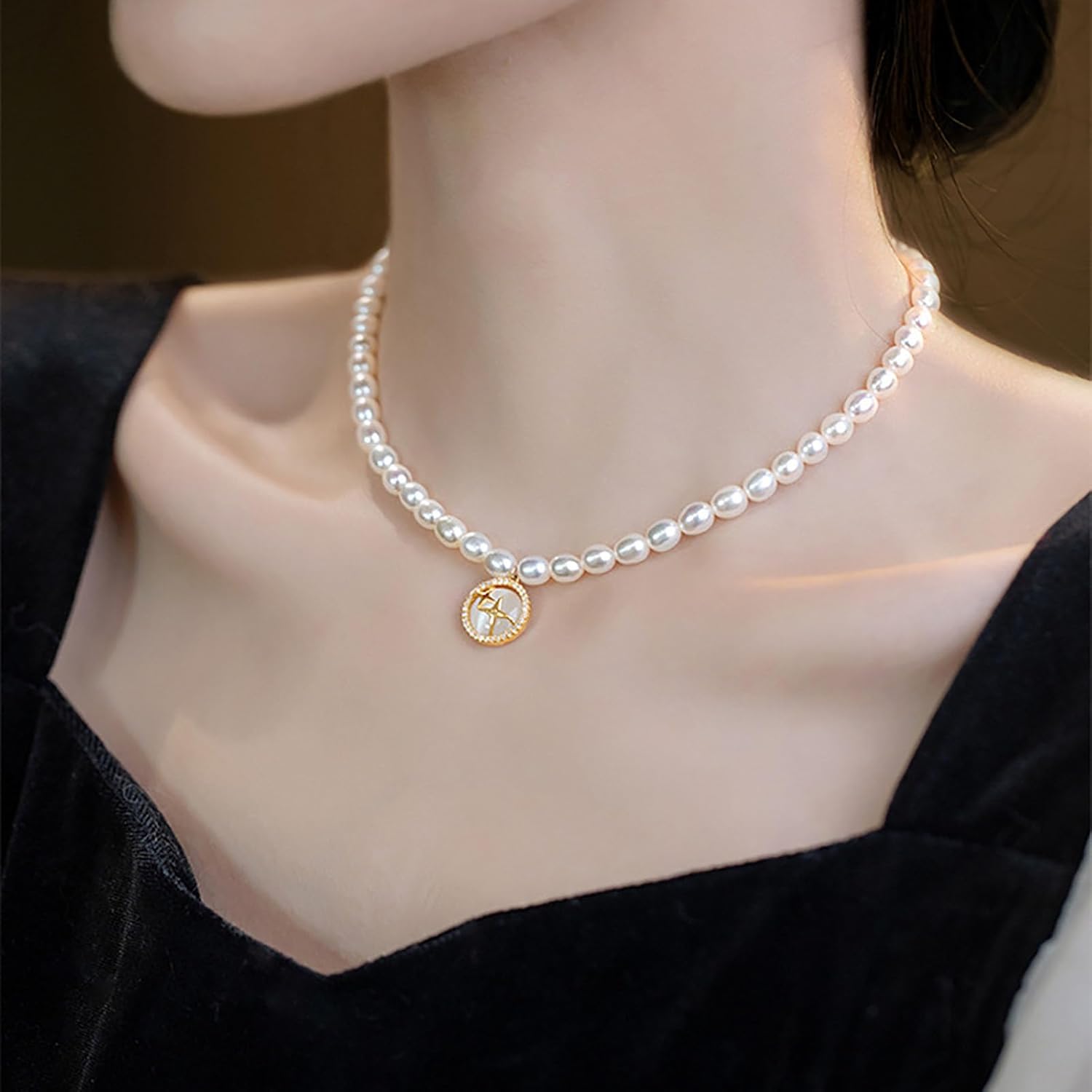 W WEILIRIAN Boho Moonstone Pendant Necklace Gold Northstar Necklace Chain Pearl Choker Necklace Crystal Circle Necklace Vintage Pearl Beaded Necklace Jewelry for Women and Girls Gifts - Image 6