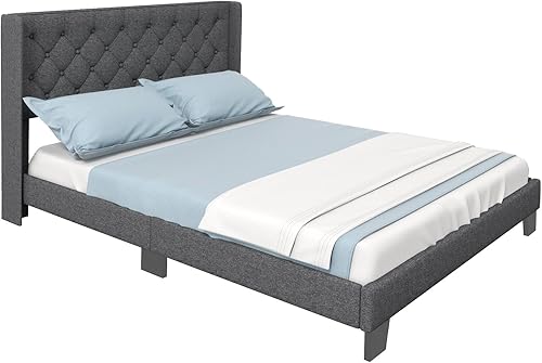 Miniatura 9 de Giantex Base de cama Queen con cabecera capitoné con botones, cama tapizada de tela moderna con diseño de respaldo de alas, base de colchón de