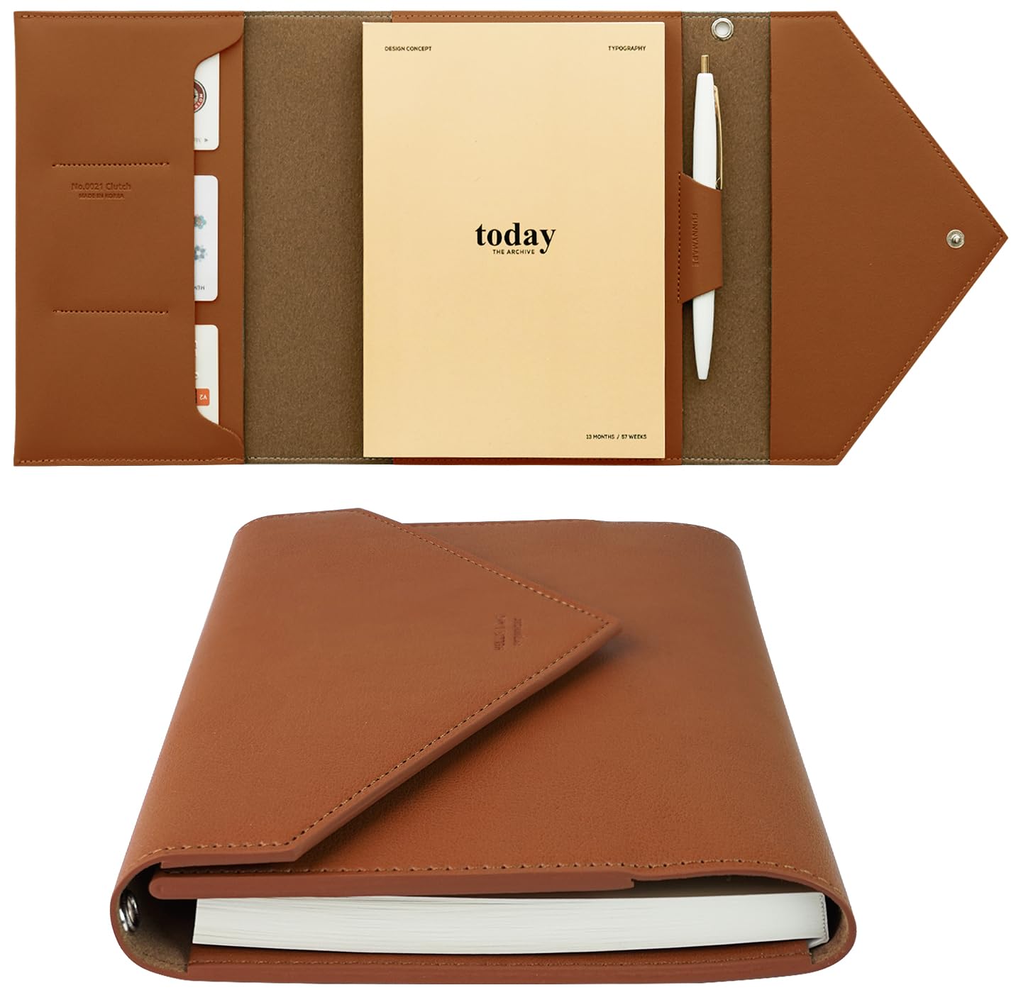 Agenda settimanale mensile non datata, formato A6, ricaricabile, con chiusura a scatto, con tasche per carte di credito e portapenne, diario di viaggio per lavoro e uso quotidiano, marrone