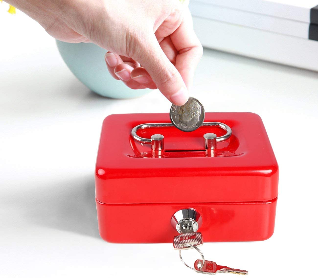 Money Box for Kids Lockable Cash Storage Box High Security Safety Box Portable Metal Money Tin Great for storing Money With 2 Keys and Cash Tray for Preety Cash (Red, 10")-image-28