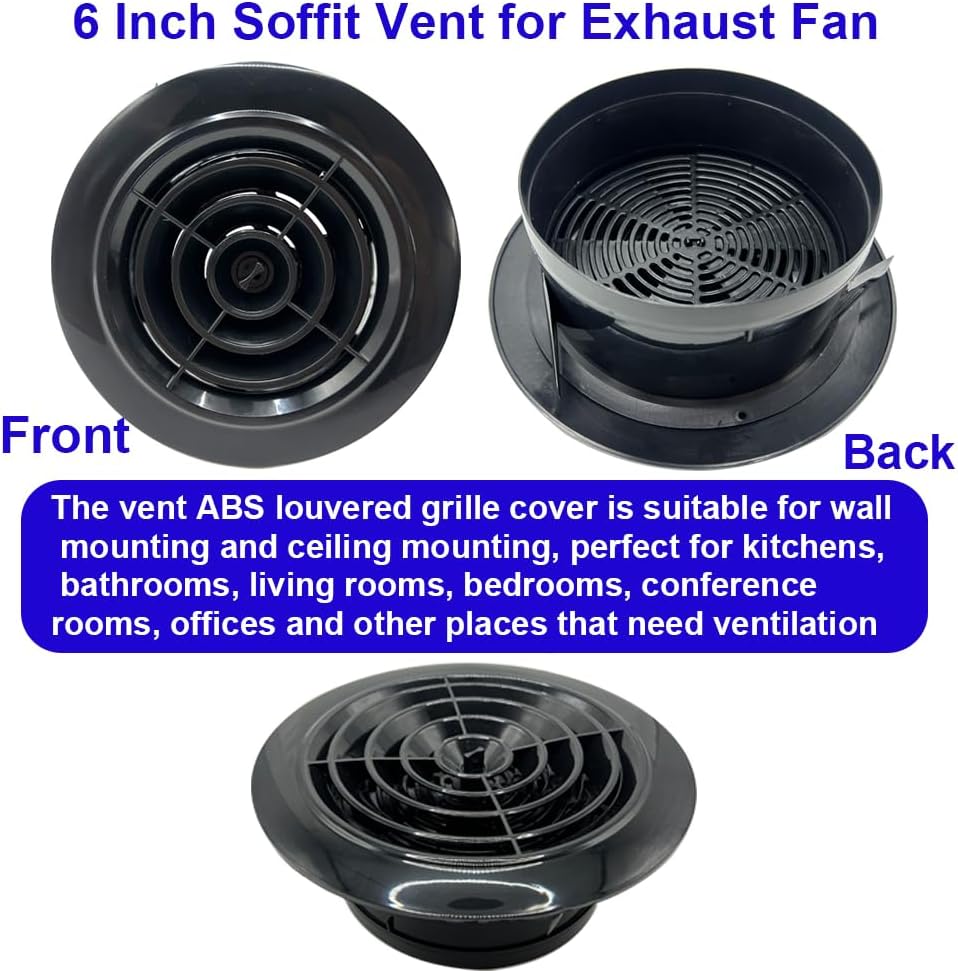 6 Inch Round Air Vent, Ceiling Vent Covers, Duct Fan, Adjustable Soffit Vent, Black Grille Cover Exhaust Vent Fit for Bathroom Office Kitchen Ventilation 1pcs