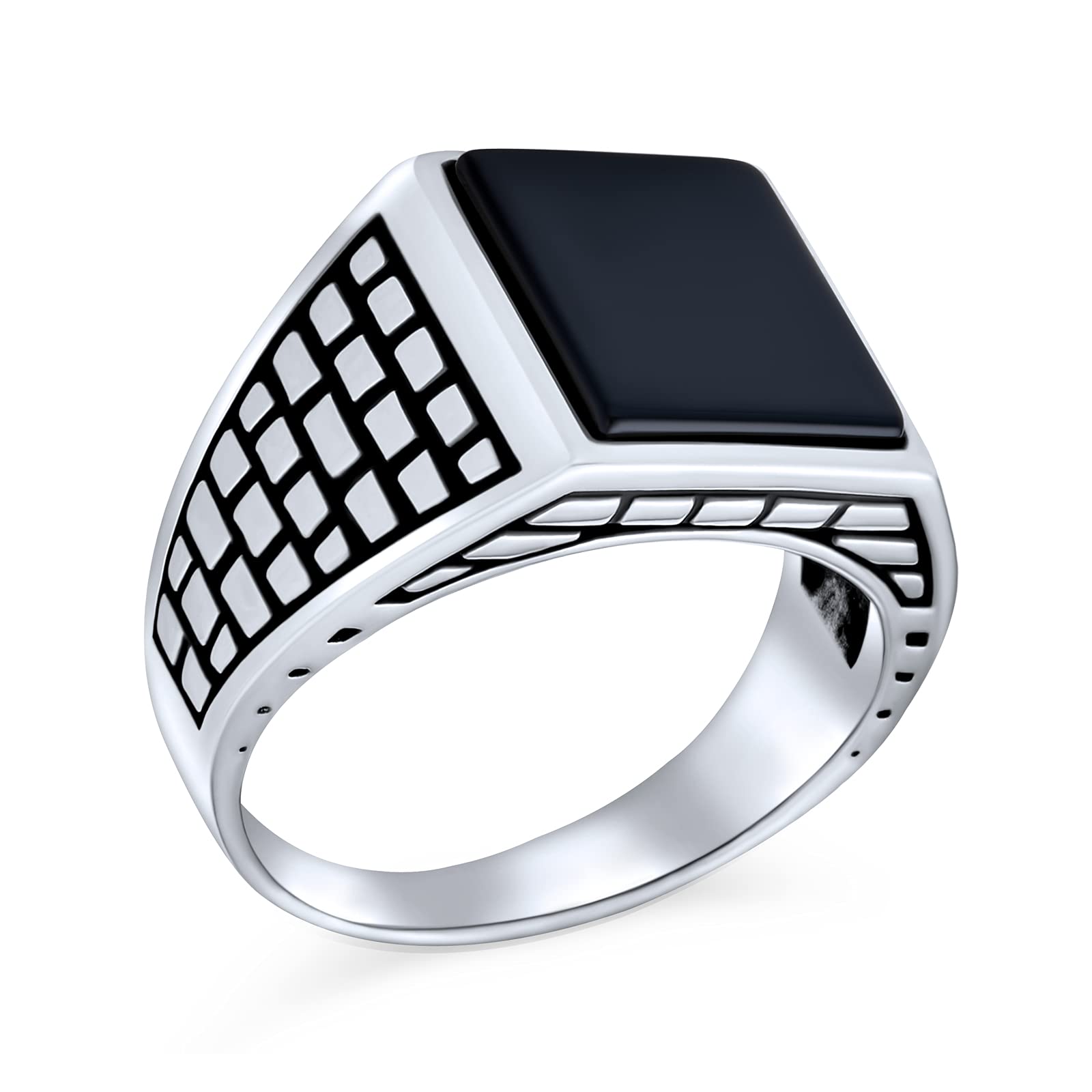 Personaliza anillo sello rectangular para hombre de piedra preciosa ónix negro con acento de ladrillo de piedra clásica retro elegante plata de ley .925 fuertemente oxidada hecho a mano en Turquía