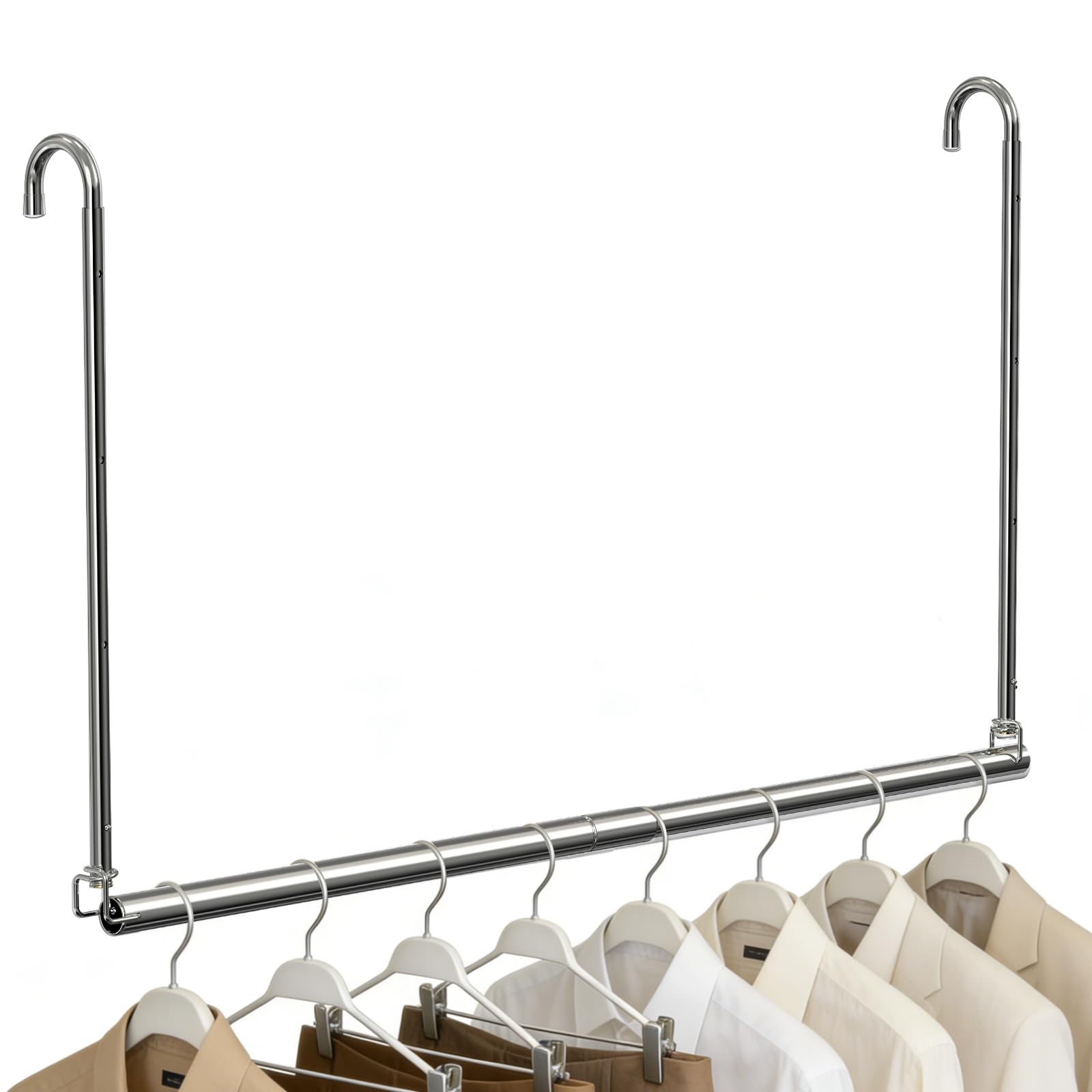 Hanging Closet Rod, Adjustable Height & Width Closet Rods for Hang ing Clothes-Closet Extender Rod Space-Maximizing Design Suitable for Hanging and Drying Clothes, Silver