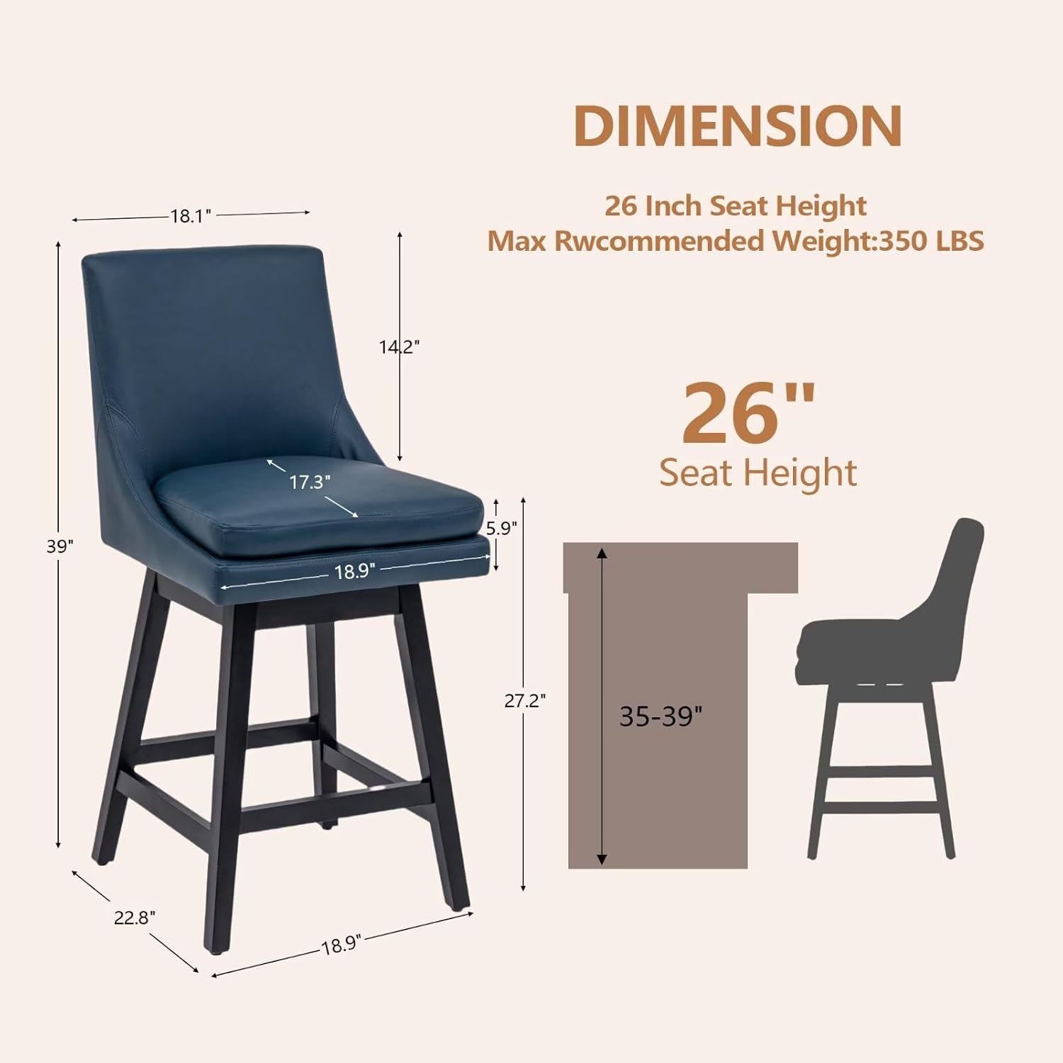 26" Swivel Bar Stool, PU Leather Upholstered Counter Height Barstools with 14.2" High Back, Footrest & 350LB Capacity for Kitchen Island, Home Bar Navy Blue