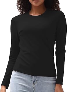 Cotton Long Sleeve Tee Shirts for Women Slim Fit Tshirts Basic Tops Tight Crewneck Layering Undershirts