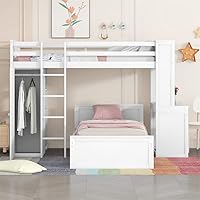 Vista 3 de JINSVICO Twin Size Bunks Beds with Storage Wood Loft Bed and Platform Bed Multi-Functional Loft Bed with Desk Wardrobe and Drawers for Teens Boys