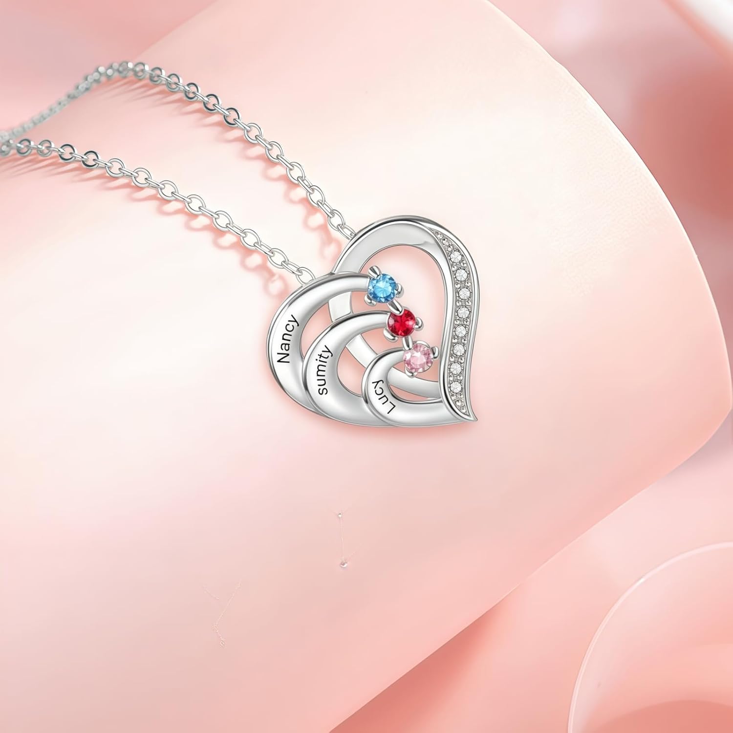 925 Sterling Silver Personalized Mother Necklace Birthstone Necklace for Women Chain Heart Pendant with Engraved Names, Gift for Mom, Grandma, Wife, Christmas, Mother’s Day, Anniversary, Birthday