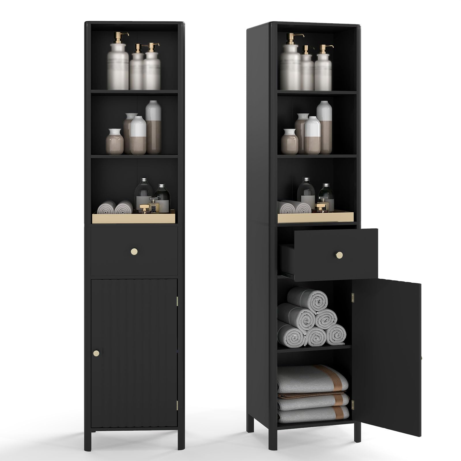 COSTWAY Bathroom Tall Cabinet, Freestanding Slim Bathroom Storage Unit with Drawer, Fluted Door and Open/Adjustable Shelves, 170cm High Wooden Narrow Floor Cupboard for Living Room Kitchen (Black)